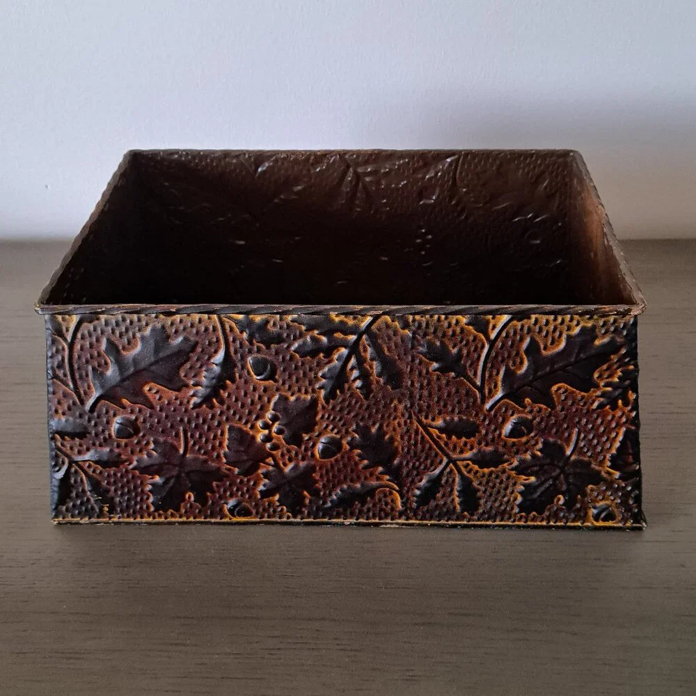 Vintage Distressed Metal Basket Fall Motif Large Ornamental Box with Handles - Picture 2 of 9